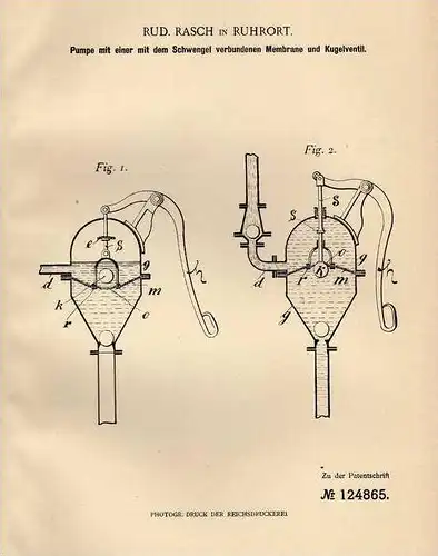 Original Patentschrift - R. Rasch in Ruhrort b. Duisburg , 1899 , Pumpe mit Schwengel !!!