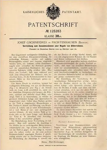 Original Patentschrift - J. Gschneidner in Frontenhausen , Bayern , 1900 , Bilderrahmen , Rahmen !!!