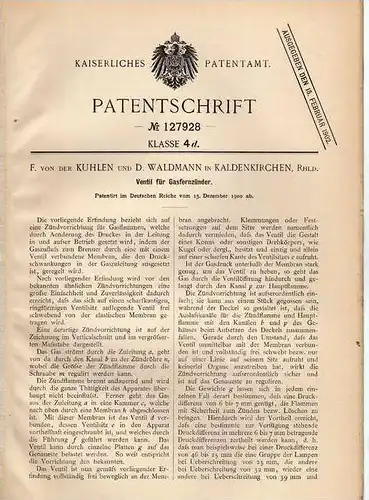 Original Patentschrift - F. von der Kuhlen in Kaldenkirchen / Nettetal , 1900 , Ventil für Gasfernzünder , Gasbrenner !!