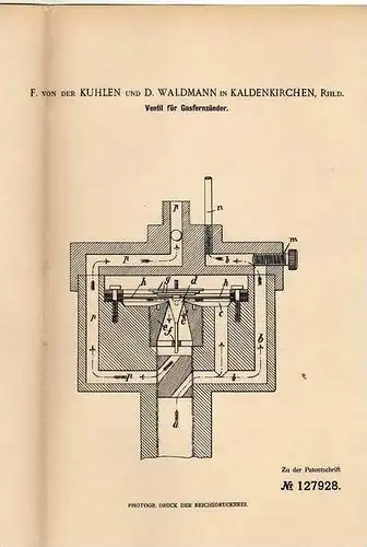 Original Patentschrift - F. von der Kuhlen in Kaldenkirchen / Nettetal , 1900 , Ventil für Gasfernzünder , Gasbrenner !!