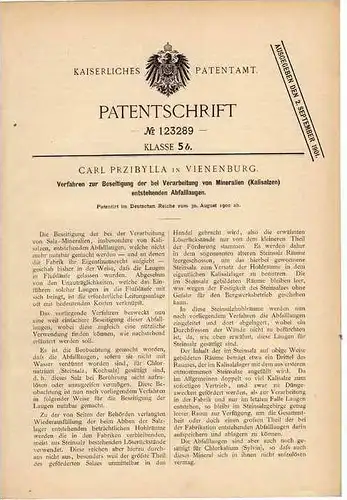 Original Patentschrift - C. Przibylla in Vienenburg b. Goslar , 1900 , Verarbeitung von Mineralien , Minerale !!!