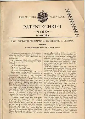 Original Patentschrift - K. Schumann in Hosterwitz , 1901 , Heizung , Feuerung , Dresden !!!