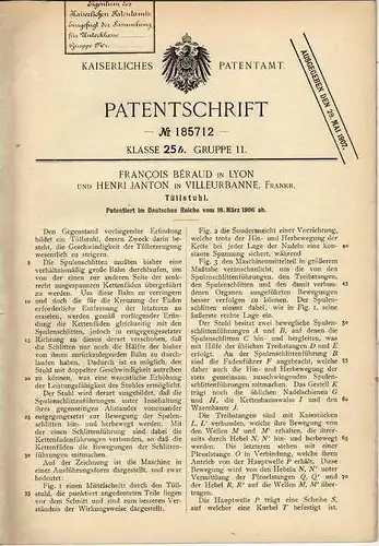 Original Patentschrift - H. Janton in Villeurbanne und Lyon , 1906 , Tüllstuhl , Näherei , Kleidung !!!