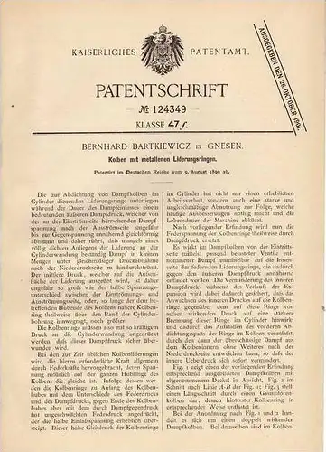 Original Patentschrift - B. Bartkiewcz in Gnesen / Gniezno , 1899 , Kolben mit Metallringen  !!!