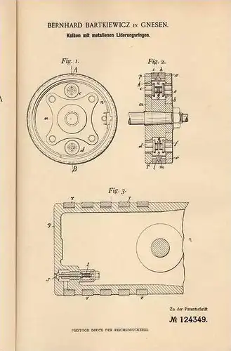 Original Patentschrift - B. Bartkiewcz in Gnesen / Gniezno , 1899 , Kolben mit Metallringen  !!!