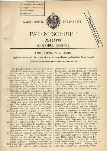 Original Patentschrift - E. Borzini in Turin , Italia , 1902 , Explosionsmotor , Motor !!!