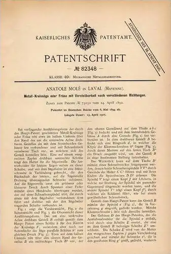 Original Patentschrift - A. Molé à Laval , Mayenne , 1894 , scie circulaire , Fraiseuse !!!