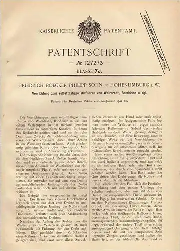Original Patentschrift - F. Sohn in Hohenlimburg i.W., 1901 , Apparat für Walzdraht und Bandeisen , Hagen !!!