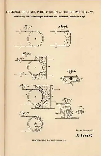 Original Patentschrift - F. Sohn in Hohenlimburg i.W., 1901 , Apparat für Walzdraht und Bandeisen , Hagen !!!