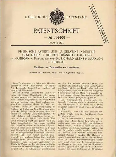 Original Patentschrift -Dr. Arens in Marxloh b. Ruhrort und Hamborn ,1899,Schneideapparat für Leim , Gelatine , Duisburg