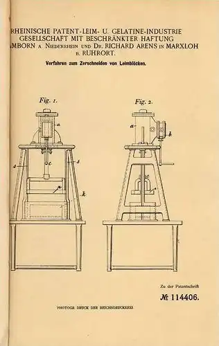 Original Patentschrift -Dr. Arens in Marxloh b. Ruhrort und Hamborn ,1899,Schneideapparat für Leim , Gelatine , Duisburg