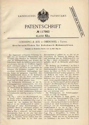 Original Patentschrift - Goehring & Eck in Oberursel i. Taunus , 1899 , Schuhwerk - Nähmaschine , Schuster , Schuhe !!!