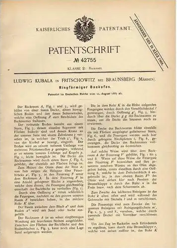 Original Patentschrift - L. Kubala in Fritschowitz b. Braunsberg , 1887 , Backofen , Bäckerei , Bäcker !!!