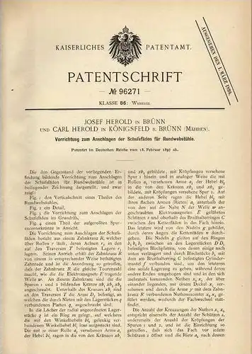 Original Patentschrift - J. Herold in Königsfeld b. Brünn / Královo Pole , 1897 , Webstuhl , Weberei , Weben !!!