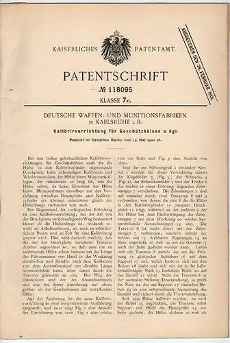 Original Patentschrift - Deutsche Waffen - und Munitionsfabrik in Karlsruhe , 1900 , Kalibriervorrichtung für Geschütz !