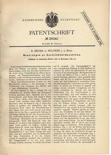 Original Patentschrift - R. Meyer in Mülheim a. Ruhr , 1881 , Gesteinbohrer , Bergbau , Bohrer !!!