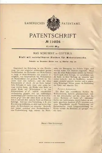 Original Patentschrift - M. Schubert in Cottbus , 1899 , Webeblatt für Weberei , Weber !!!