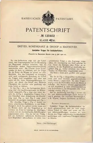 Original Patentschrift - Dreyer & Droop in Hannover , Träger für Indikatorfedern , 1900 !!!