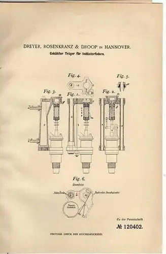 Original Patentschrift - Dreyer & Droop in Hannover , Träger für Indikatorfedern , 1900 !!!