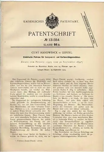 Original Patentschrift - C. Handwerck in Leipzig , elektr. Patrone , Jacquard , 1900   !!!