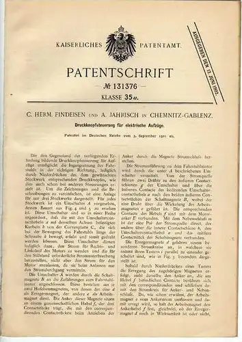 Original Patentschrift - C.Herm. Findeisen in Chemnitz - Gablenz , 1901 , elektr. Aufzüge , Lift , Fahrstuhl !!!