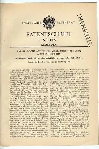 Original Patentschrift - Lochmann`sche Musikwerke AG in Leipzig - Gohlis , 1900, Musikwerk mit Notenscheiben , Jukebox !