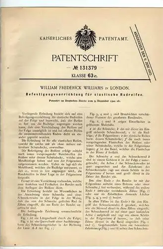 Original Patentschrift - W.F. Williams in London , 1900, Reifen , Räder , Automobile , motobike !!!