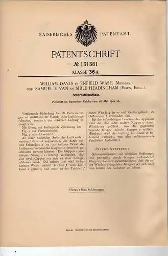 Original Patentschrift - W. Davis in Enfield und Sible Headingham , 1901 , Schornstein , Schornsteinfeger !!!