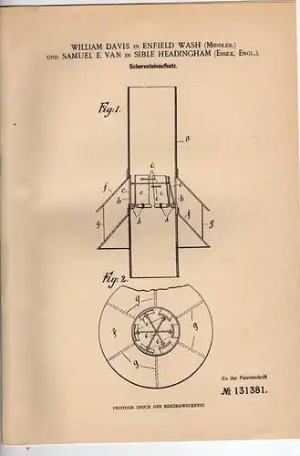 Original Patentschrift - W. Davis in Enfield und Sible Headingham , 1901 , Schornstein , Schornsteinfeger !!!