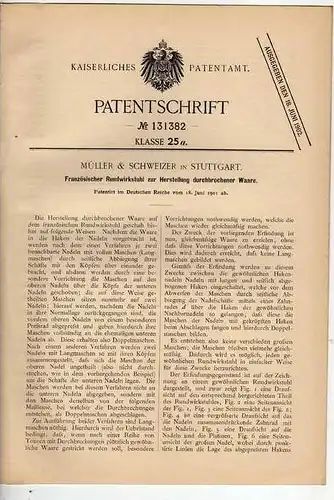 Original Patentschrift - Müller & Schweizer in Stuttgart , 1901 , franz. Rundwirkstuhl , Weberei , Textilien !!!