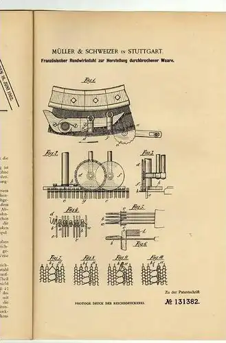 Original Patentschrift - Müller & Schweizer in Stuttgart , 1901 , franz. Rundwirkstuhl , Weberei , Textilien !!!