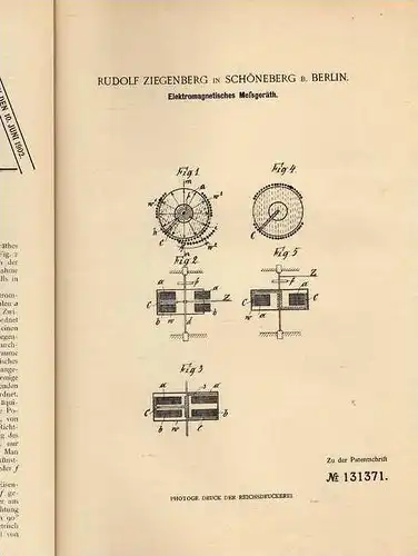 Original Patentschrift - R. Ziegenberg in Schöneberg b. Berlin ,1901 , Elektr. Meßgerät , Elektrik !!!