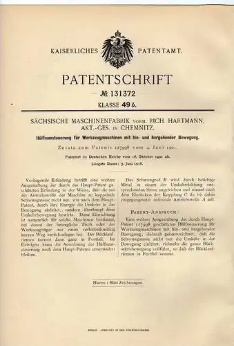 Original Patentschrift - Sächs. Maschinenfabrik AG in Chemnitz , 1901 , Werkzeugmaschinen , Maschinenbau !!!
