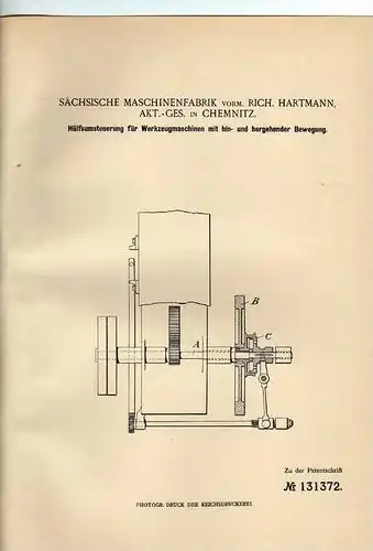 Original Patentschrift - Sächs. Maschinenfabrik AG in Chemnitz , 1901 , Werkzeugmaschinen , Maschinenbau !!!