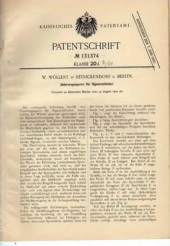 Original Patentschrift - W. Wöllert in Reinickendorf  b. Berlin , 1901 , Signalstellhebel , Straßenbahn , Eisenbahn !!!