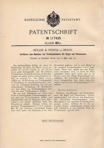 Original Patentschrift - Möller & Pfeiffer in Berlin ,1900 , Beheizer für Ziegel und Thonwaren , Ziegelei , Töpferei !!