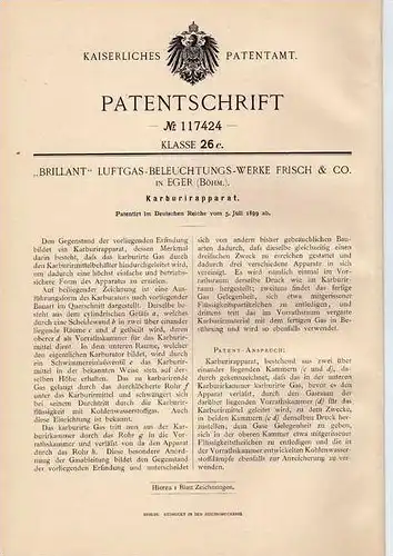Original Patentschrift -  "Brillant" Luftgas-Beleuchtungs-Werke in Eger , Böhm. ,1899,  Karburator , Vergaser !!!