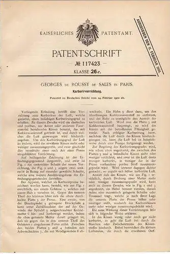 Original Patentschrift -  G. de Roussy in Paris ,1900,  Karburator , Vergaser , Kompressor !!!