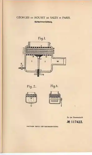 Original Patentschrift -  G. de Roussy in Paris ,1900,  Karburator , Vergaser , Kompressor !!!