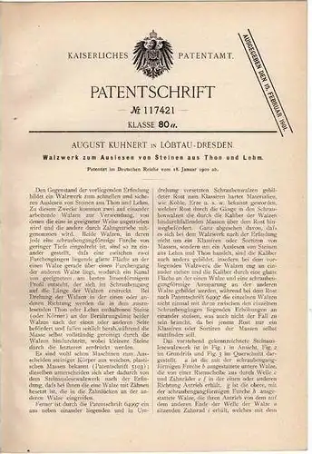 Original Patentschrift - A. Kuhnert in Löbtau - Dresden ,1900,  Walzwerk , Bergbau !!!