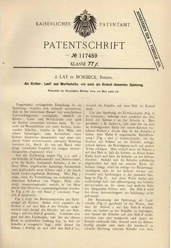 Original Patentschrift - J. Lay in Borbeck b. Essen ,1900 , Lauf- und Wurfscheibe !!!