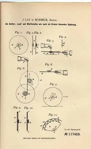 Original Patentschrift - J. Lay in Borbeck b. Essen ,1900 , Lauf- und Wurfscheibe !!!