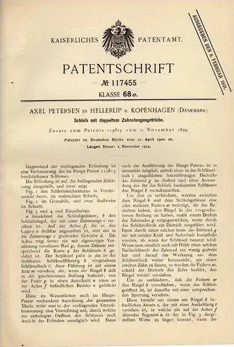 Original Patentschrift - A. Petersen in Hellerup b. Kopenhagen , 1900 , Schloss m. Getriebe , Schlüsseldienst !!!