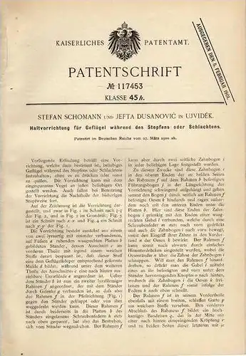 Original Patentschrift - S. Schomann in Ujvidek / Novi Sad , 1900,  Fleischer , Schlachter Halterung !!!