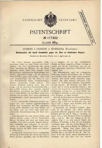Original Patentschrift - A.J. Olsson in Nordana , Schweden , 1900 , Melkmaschine , Molkerei !!!