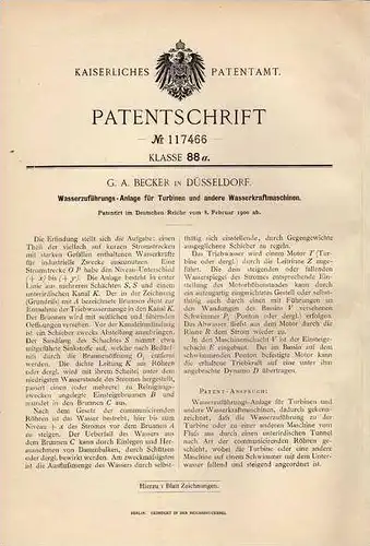 Original Patentschrift -  G.A. Becker in Düsseldorf ,1900 ,Turbine , Wasserkraftmaschine !!!