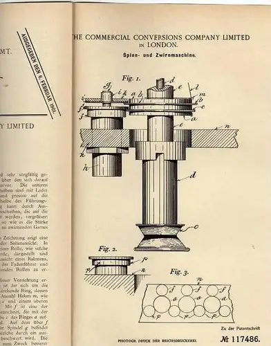 Original Patentschrift - The Commercial Conversions Company in London ,1900,  Spinn- und Zwirnmaschine , Spinnerei !!!