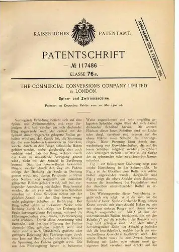 Original Patentschrift - The Commercial Conversions Company in London ,1900,  Spinn- und Zwirnmaschine , Spinnerei !!!