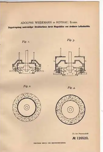 Original Patentschrift -  A. Wiedemann à Rothau , Elsass , 1900,  turboréacteur , turbine !!!