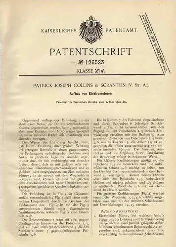 Original Patentschrift - P.J. Collins in Scranton , USA , Elektromotor , 1900 !!!